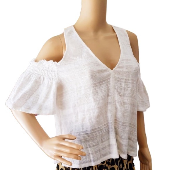 Tina Jo White Linen Bardot Cold Shoulder Ruched Short Sleeve Blouse - Picture 5 of 5